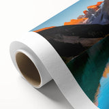 Art deco poster depicting Alberta scenery on rolled canvas, with serene blue and green tones, ideal for nursery wall art.