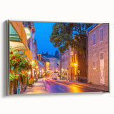 Framed canvas of a vintage-style landscape painting featuring a colorful Quebec scenery.