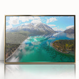 Large art print of a Yukon scenery in mid-century modernist style on gold-framed acrylic, featuring earthy tones.