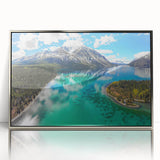 Mid-century modernist art depicting Yukon scenery in muted earth tones, acrylic print framed in silver.