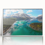 Acrylic print of a serene Yukon landscape in soft pastel colors, framed in white, suitable for modern nursery decor.