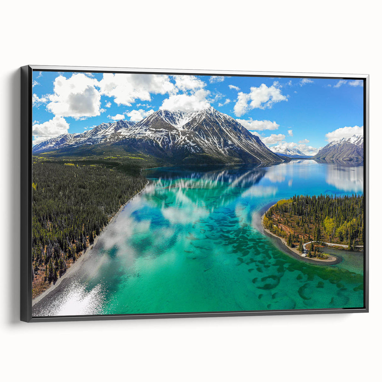 Black and white framed canvas of a Yukon landscape, ideal for bedroom wall art.