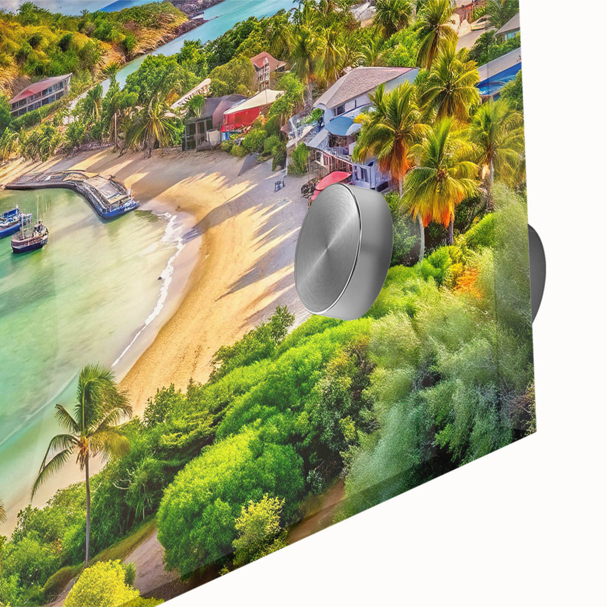 Large abstract wall art featuring Caribbean scenery in vibrant blue and green tones on an acrylic glass.