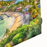 Large abstract wall art featuring Caribbean scenery in vibrant blue and green tones on an acrylic glass.