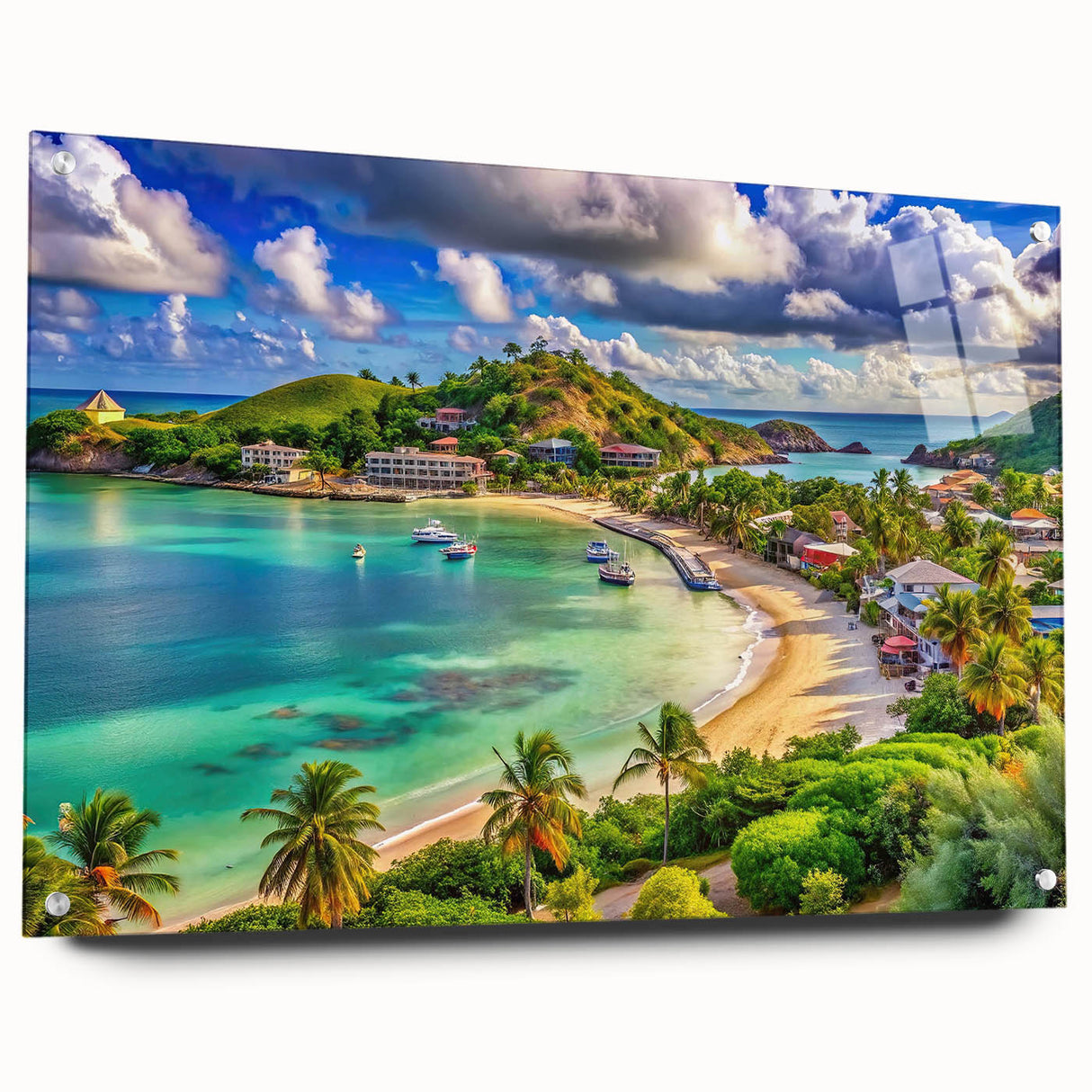 Acrylic glass print of a Caribbean Antigua scenery with vivid blue ocean and sky tones.