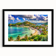 Extra large abstract art print featuring vibrant Caribbean scenery on textured canvas, framed in black.