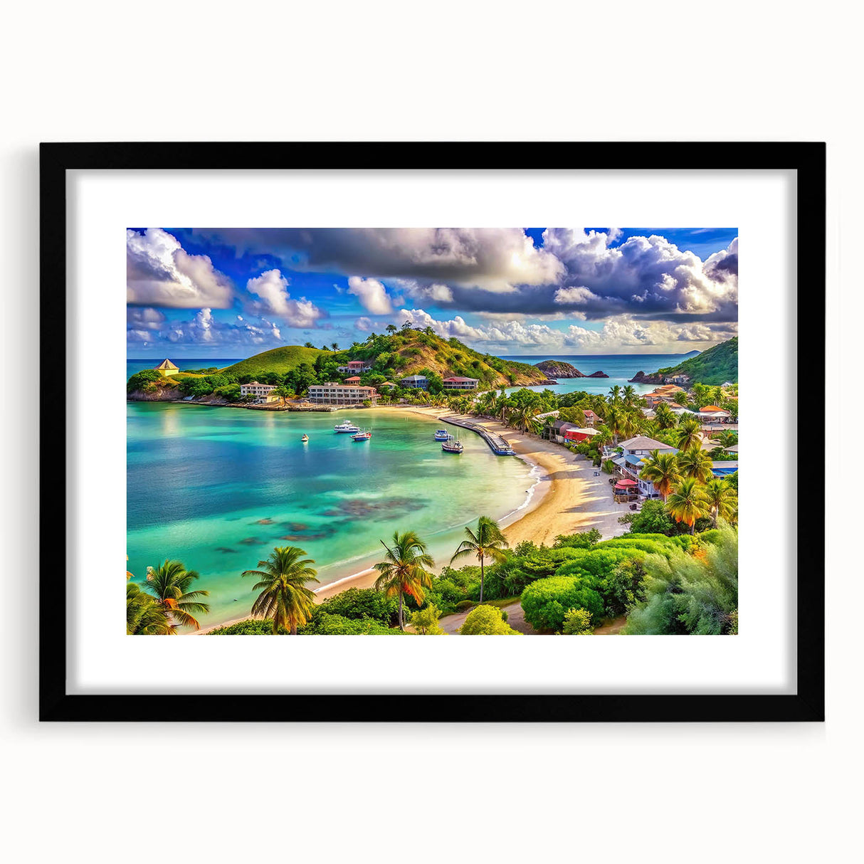 Extra large abstract art print featuring vibrant Caribbean scenery on textured canvas, framed in black.
