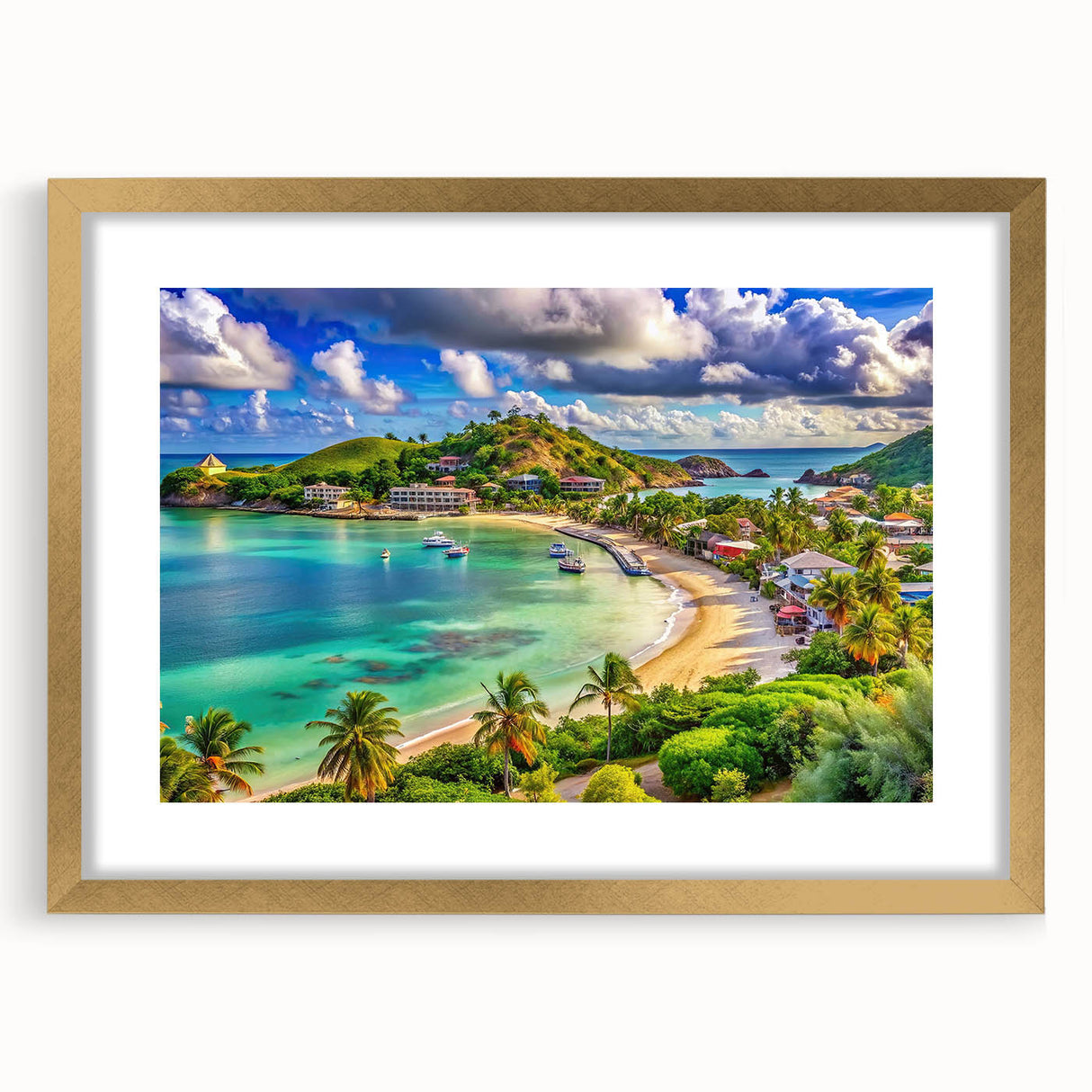 Abstract art print featuring Caribbean scenery in teal and beige tones on a gold-framed canvas, ideal for dining room decor.