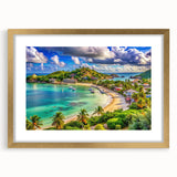 Abstract art print featuring Caribbean scenery in teal and beige tones on a gold-framed canvas, ideal for dining room decor.