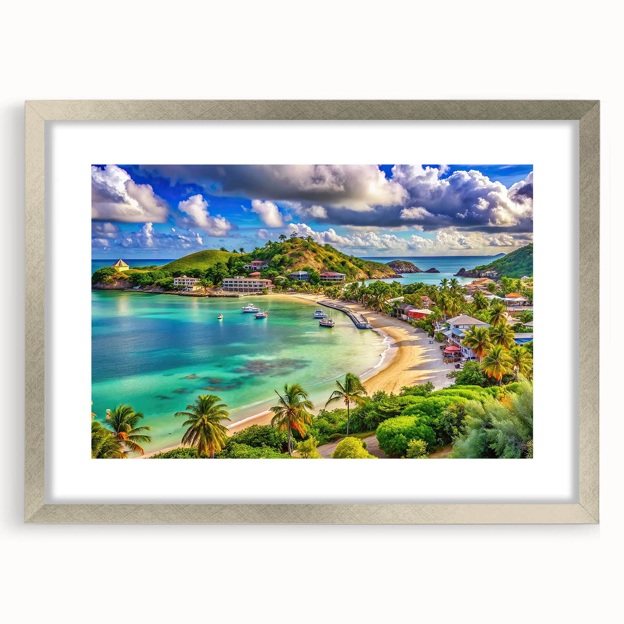 Extra large abstract art print of Caribbean scenery in a silver frame, ideal for living room decor.
