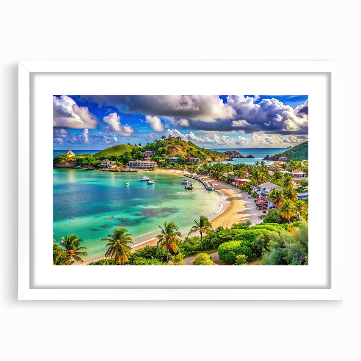 Abstract textured art print in blue and green tones on a white framed canvas, suitable for bedroom decor.