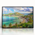 Large abstract wall art depicting a Caribbean scenery in muted blue and green tones on a framed acrylic.