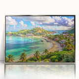 Large art print of a Caribbean scenery on Antigua, in silver-framed acrylic, ideal for modern art wall decor.