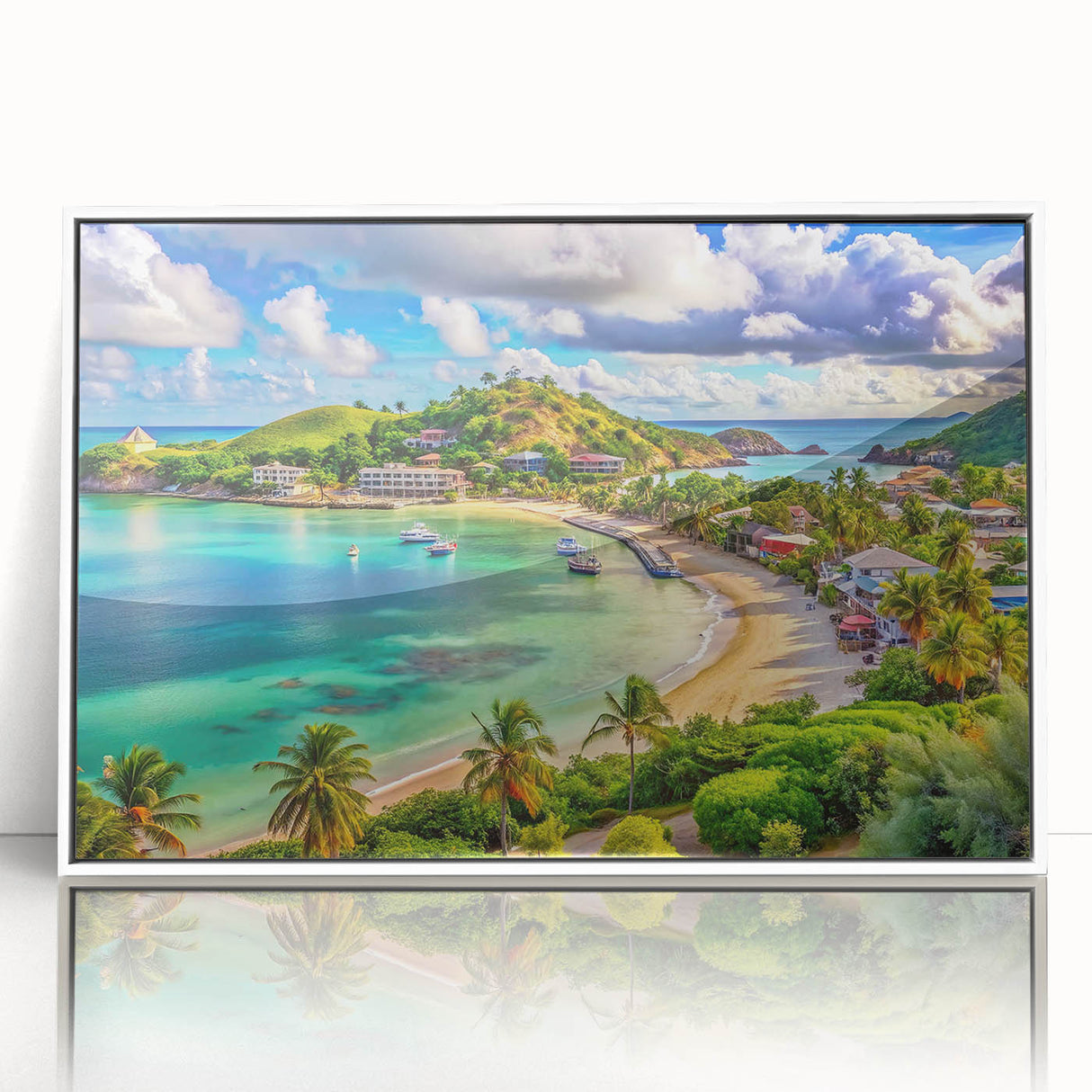 Mid-century modernist art depicting a serene Caribbean scenery in muted blue and green tones on a framed acrylic panel.