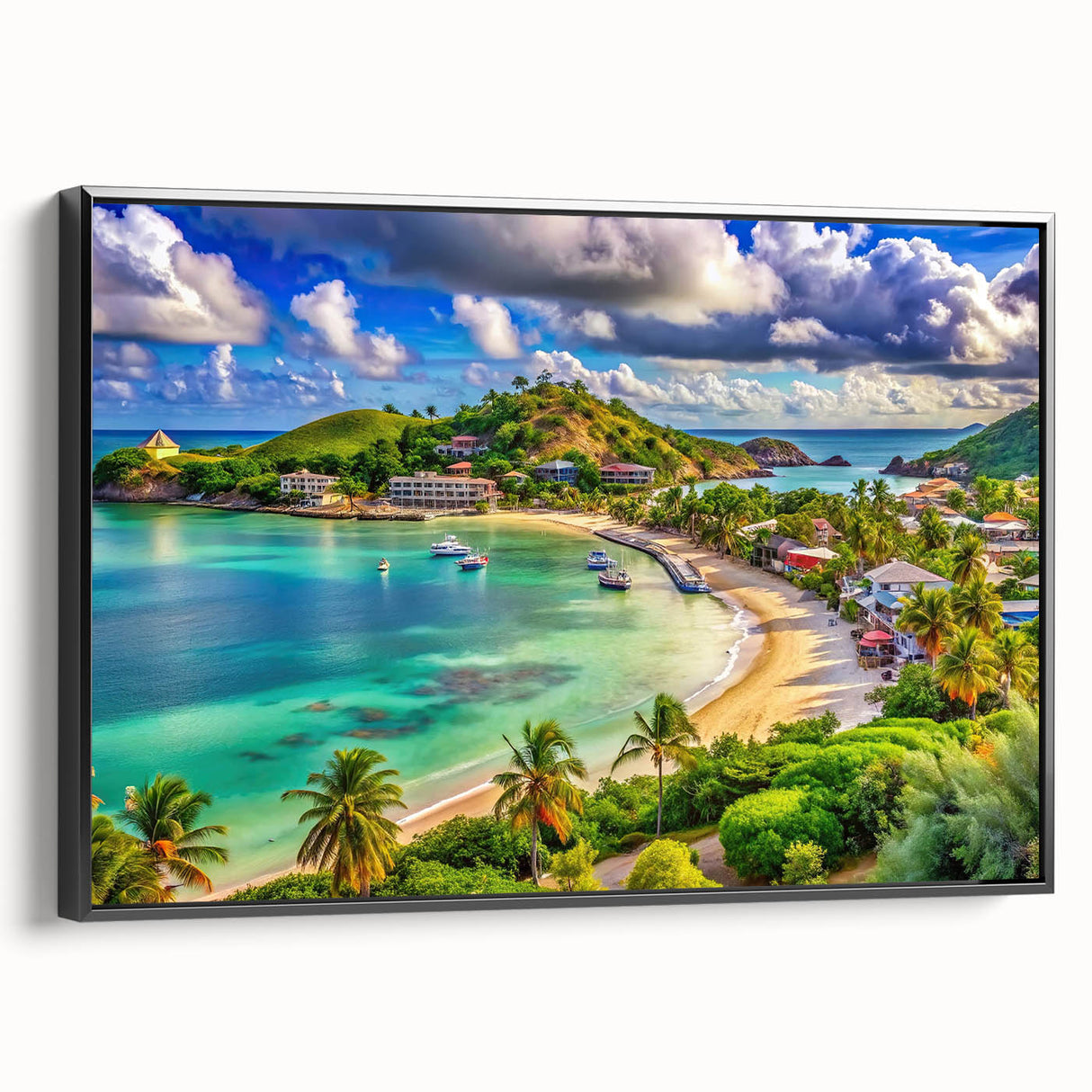 Black and white framed canvas featuring a vintage landscape painting of Antigua, ideal for bedroom wall decor.