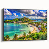 Black and white framed canvas featuring a vintage landscape painting of Antigua, ideal for bedroom wall decor.