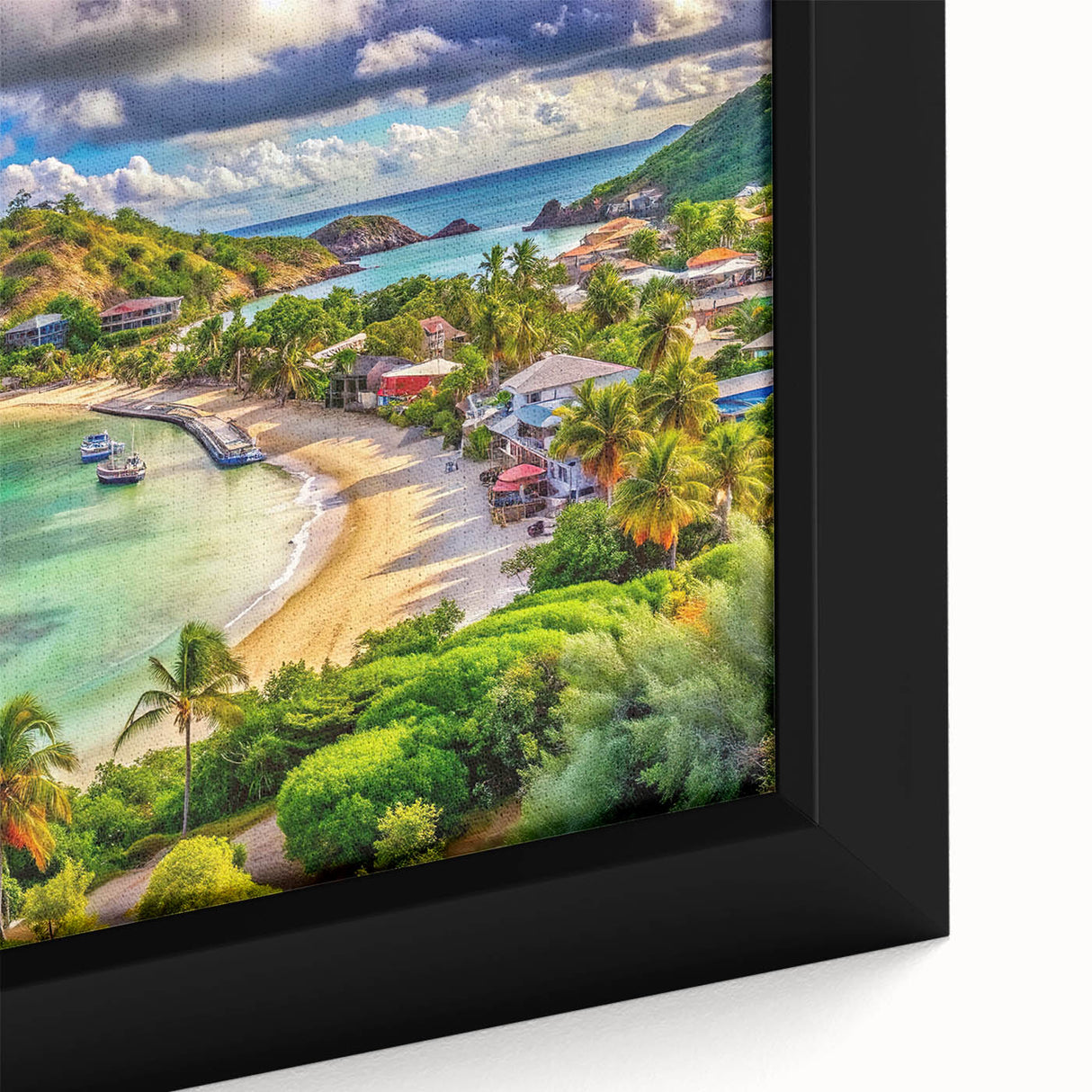 Extra large black wall art featuring a textured Caribbean scenery on framed canvas, with vibrant color accents.