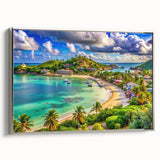 Framed canvas of a serene Caribbean landscape in muted blues and greens, ideal for bedroom wall art.