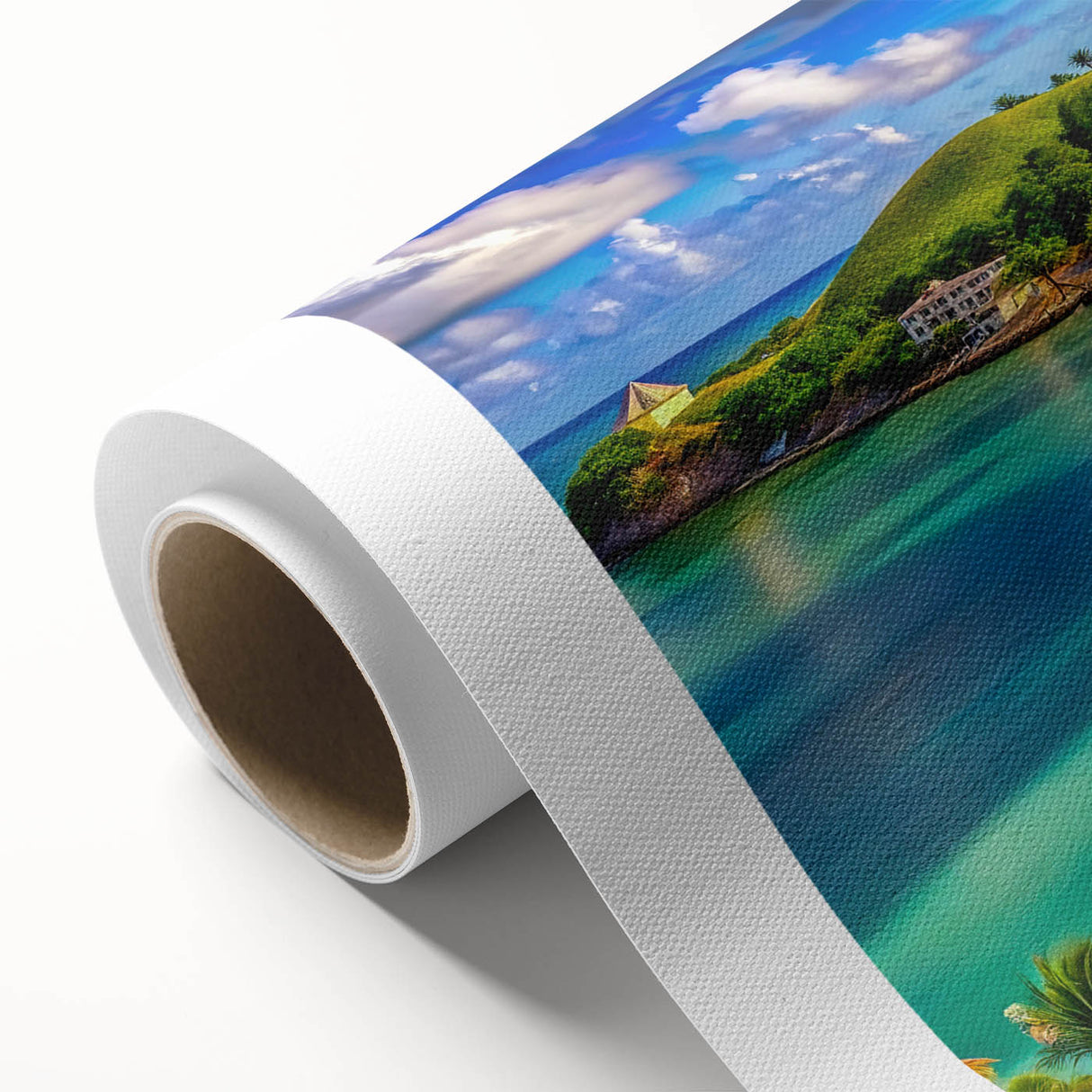 Art deco poster of a Caribbean scenery in pastel shades on rolled canvas, ideal for nursery wall art.