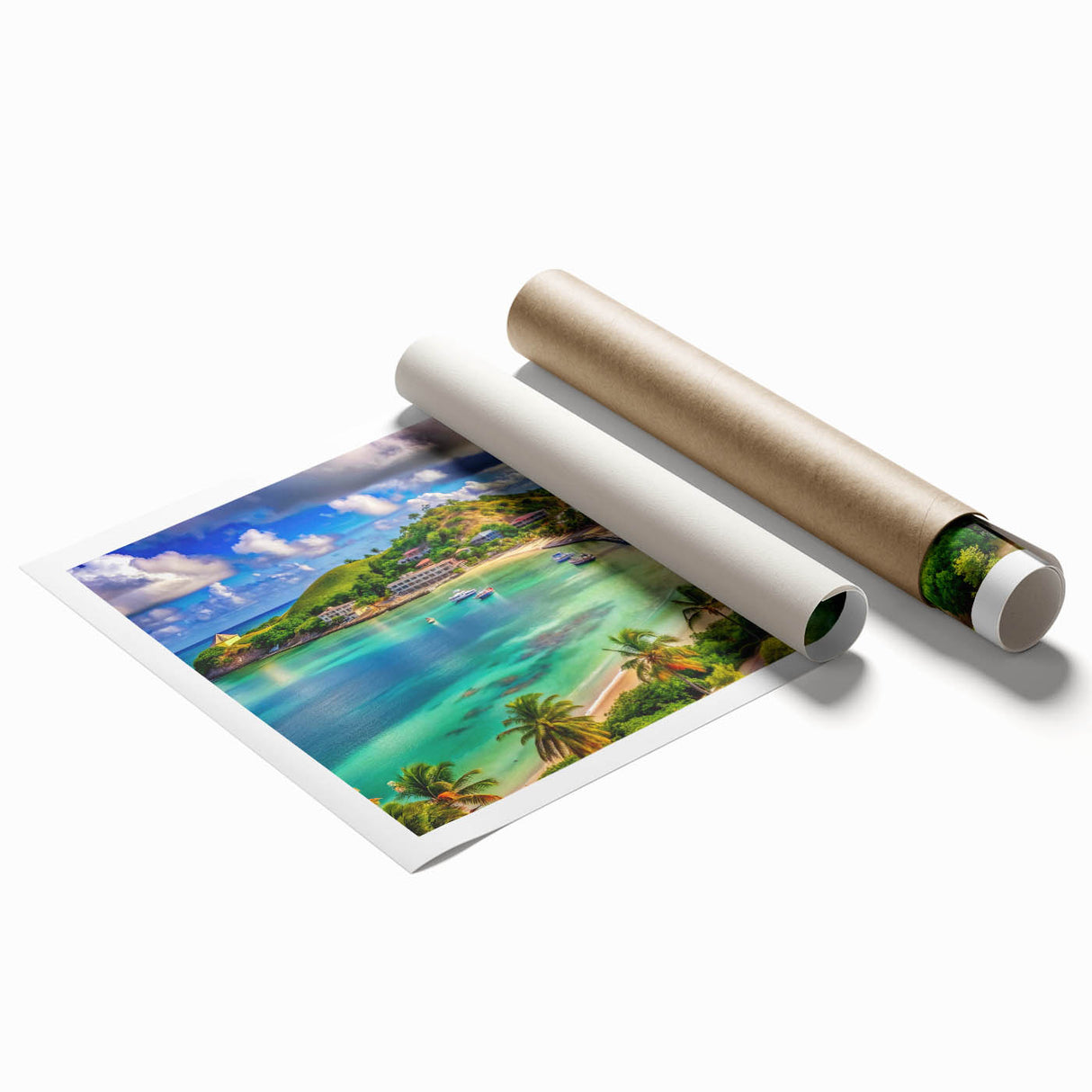 Extra large rolled print of Antigua scenery with vibrant tropical floral colors, ideal for classy bathroom wall art.