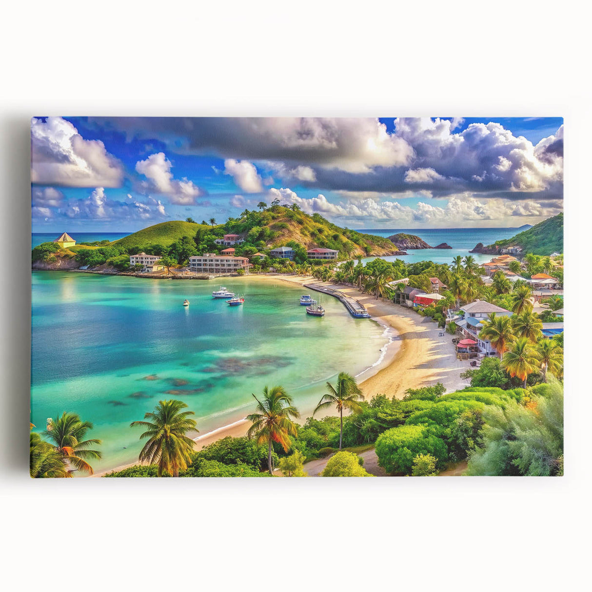 Black and white stretched canvas featuring a serene Caribbean beach scene, ideal for kitchen wall art or bedroom ambiance.