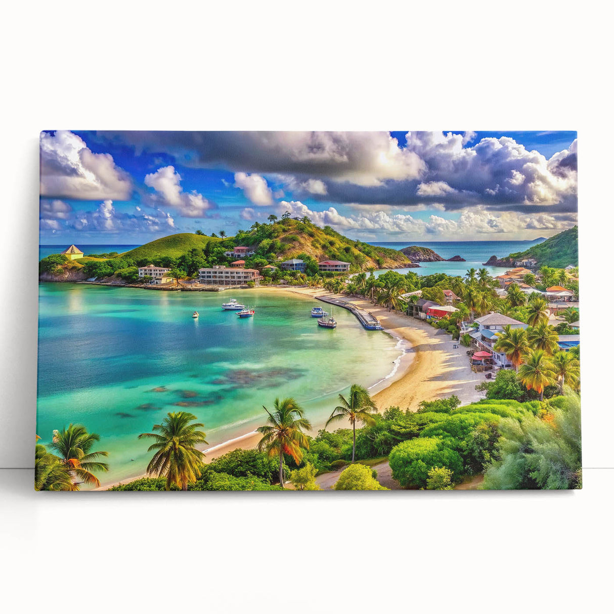 Large black and white stretched canvas of a Caribbean beach scene, ideal for kitchen wall art.