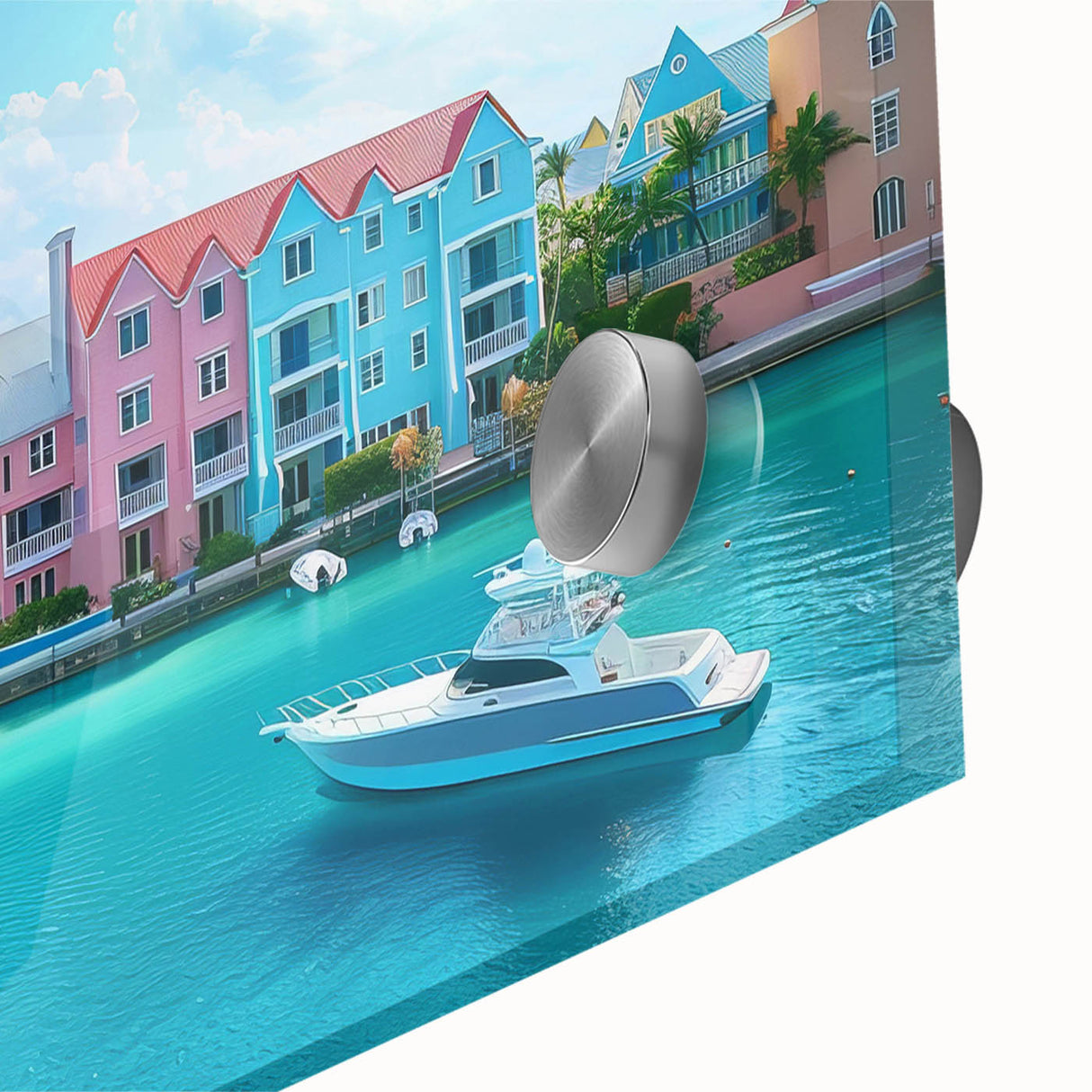 Large abstract wall art depicting Caribbean scenery in vibrant blue and green tones on acrylic glass.