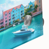Large abstract wall art depicting Caribbean scenery in vibrant blue and green tones on acrylic glass.