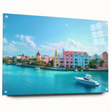 Large abstract wall art depicting a Caribbean scenery in vibrant blue and green hues on acrylic glass.
