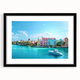 Extra large, textured abstract art print of Caribbean scenery in vibrant blues and greens, framed with a black mat.
