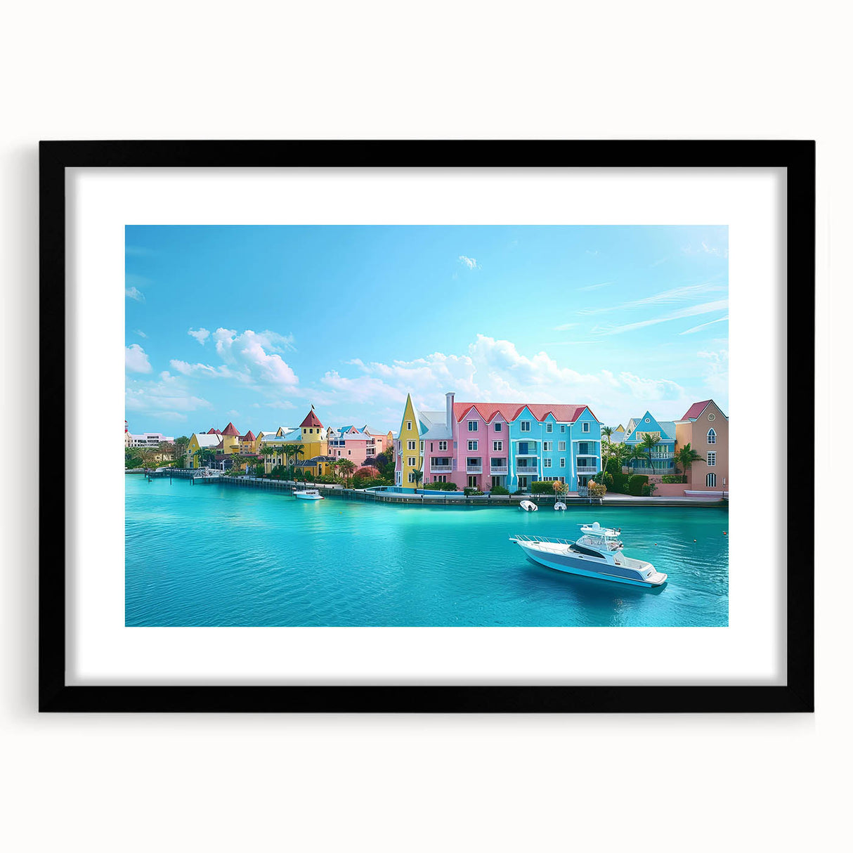 Extra large, textured abstract art print of Caribbean scenery in vibrant blues and greens, framed with a black mat.