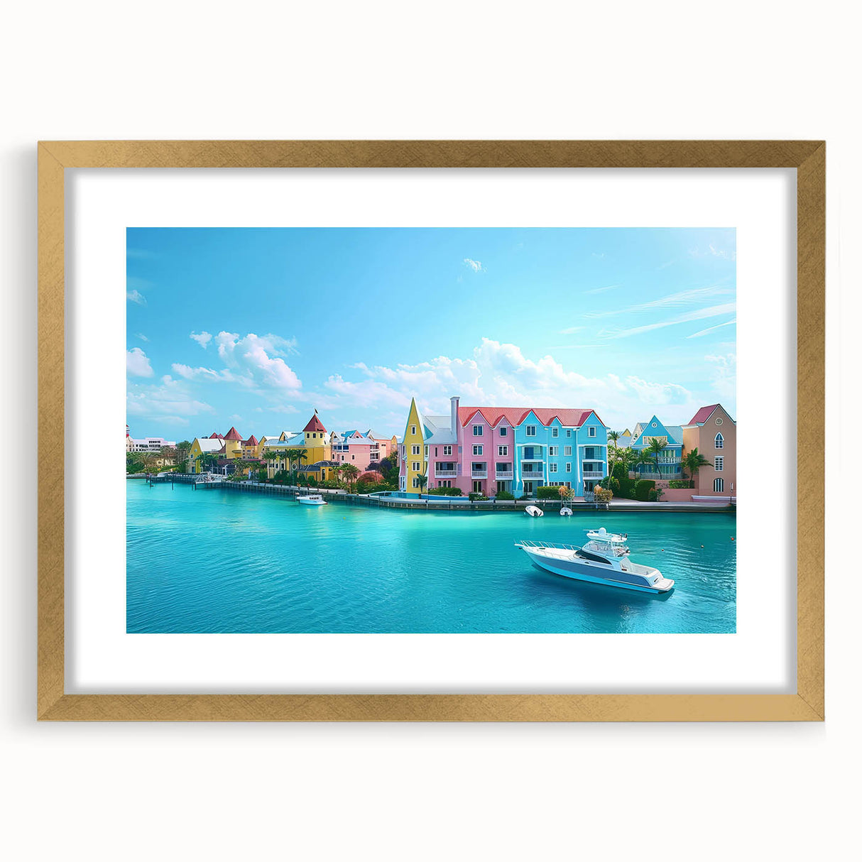 Abstract art print of Caribbean scenery in muted blue and green hues, framed with a gold mat.
