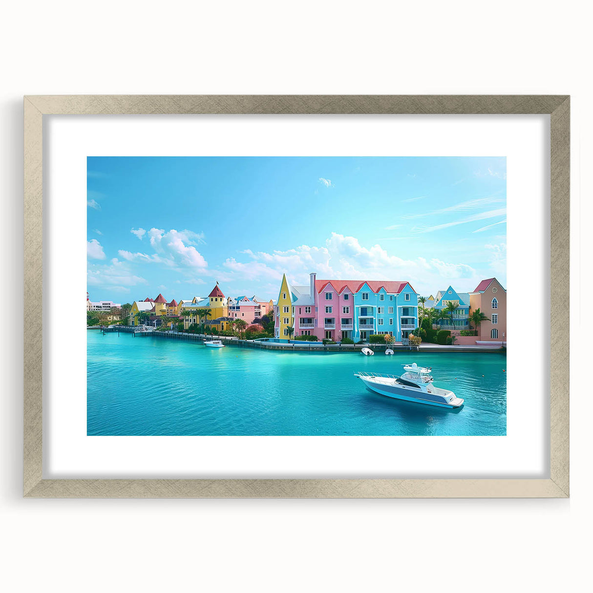 Extra large abstract art print depicting a textured Caribbean scenery in cool blues and greens, framed in silver.