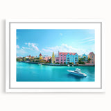 Textured abstract art print of Caribbean scenery in pastel blue and green, framed with a white mat.
