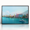 Large abstract wall art depicting a Caribbean Bahamas scenery in vivid blue and green, acrylic print in a black frame.