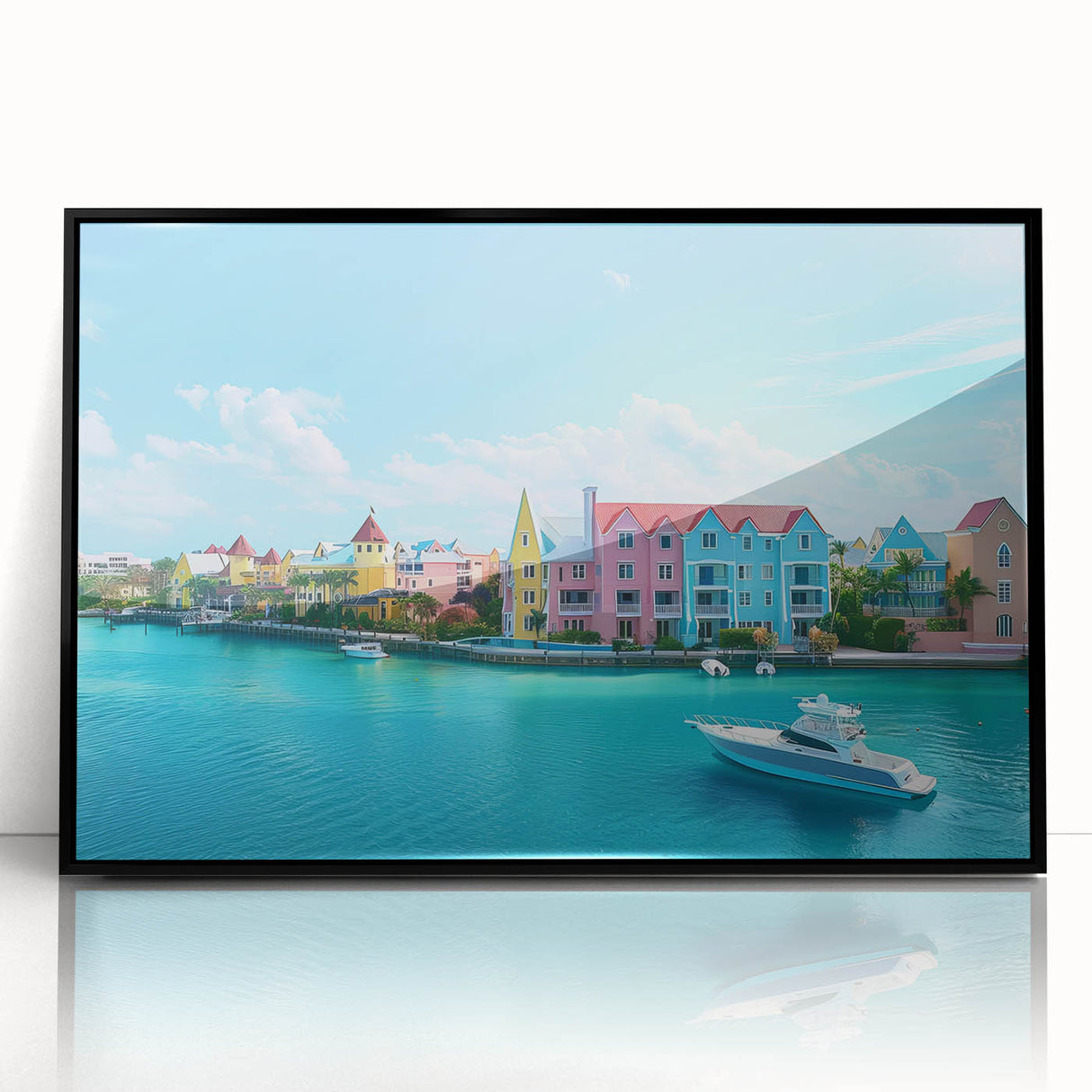 Large abstract wall art depicting a Caribbean Bahamas scenery in vivid blue and green, acrylic print in a black frame.