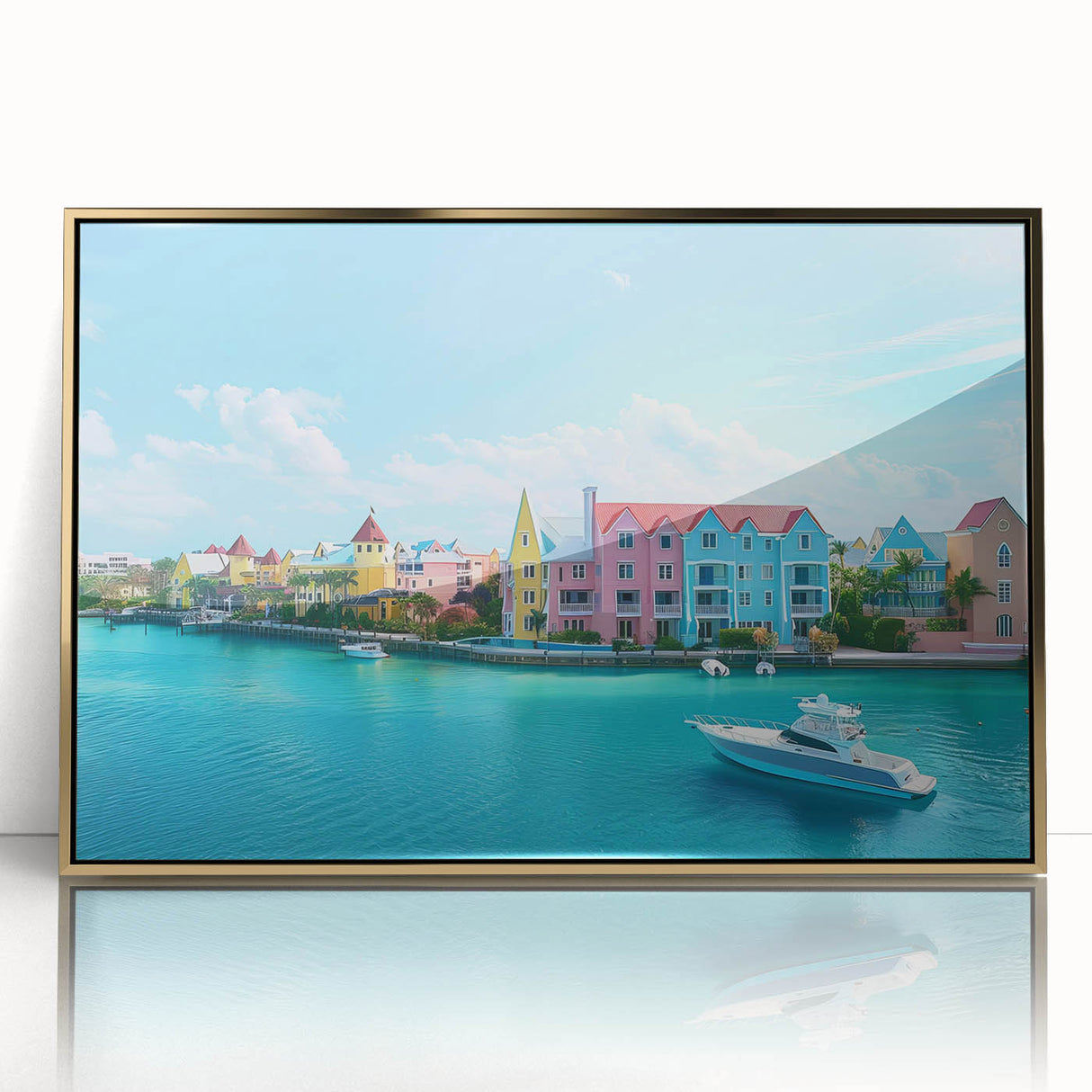 Art Deco style poster of Caribbean Bahamas scenery in gold frame, acrylic print, suitable for modern nursery wall decor.