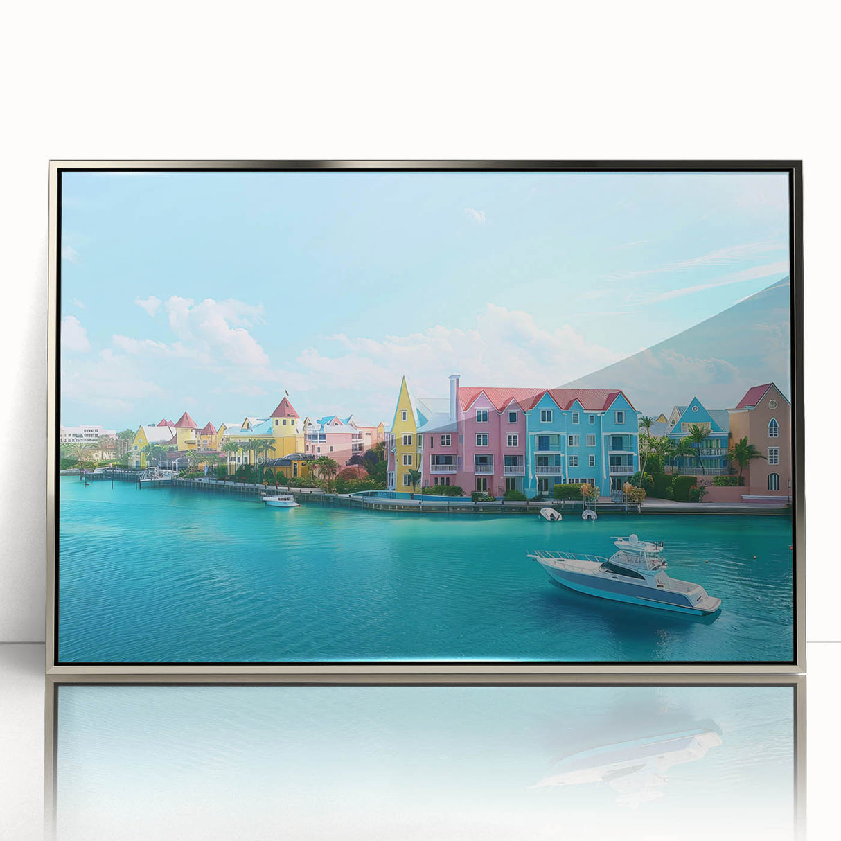 A mid-century modernist style large art print depicting the Caribbean Bahamas scenery in vibrant blue tones.