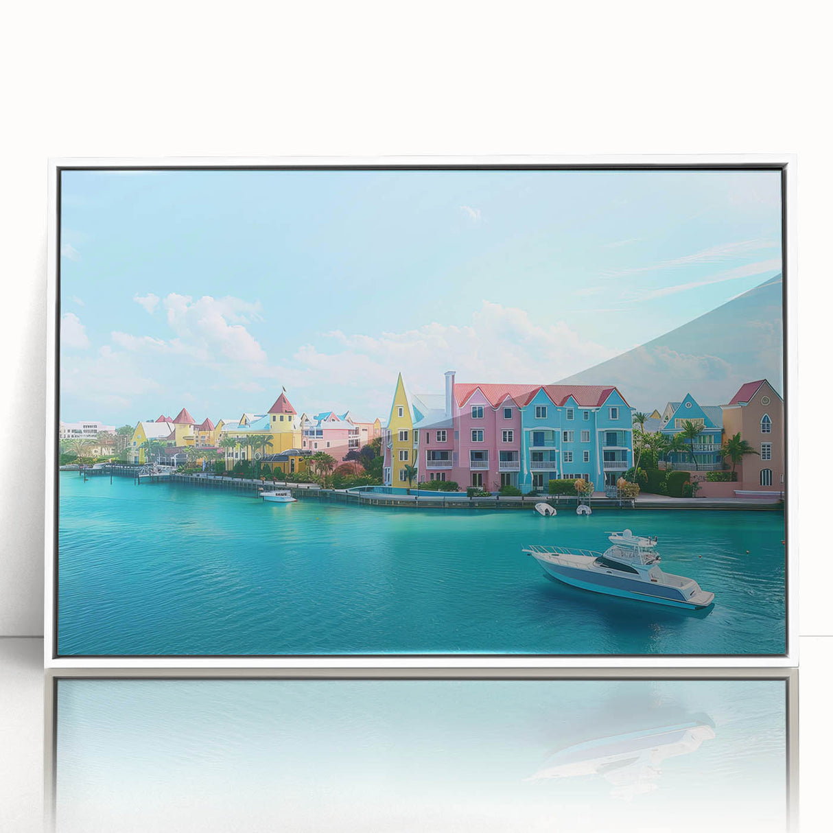 Mid-century modernist art depicting Caribbean scenery on a framed acrylic, with vibrant blue and green hues.