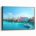 Black and white framed canvas featuring a vintage landscape of the Caribbean Bahamas, ideal for bedroom wall decor.