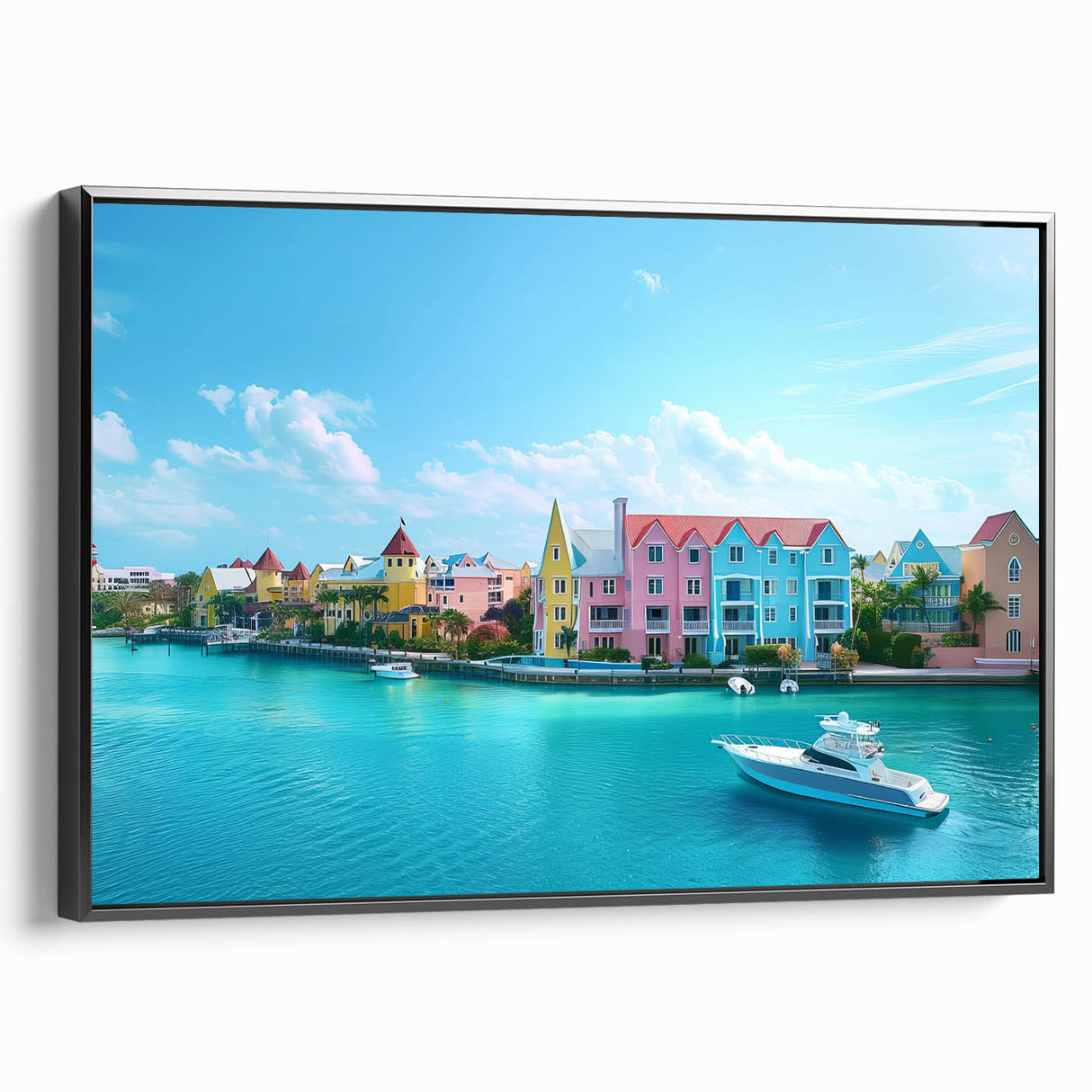Black and white framed canvas featuring a vintage landscape of the Caribbean Bahamas, ideal for bedroom wall decor.
