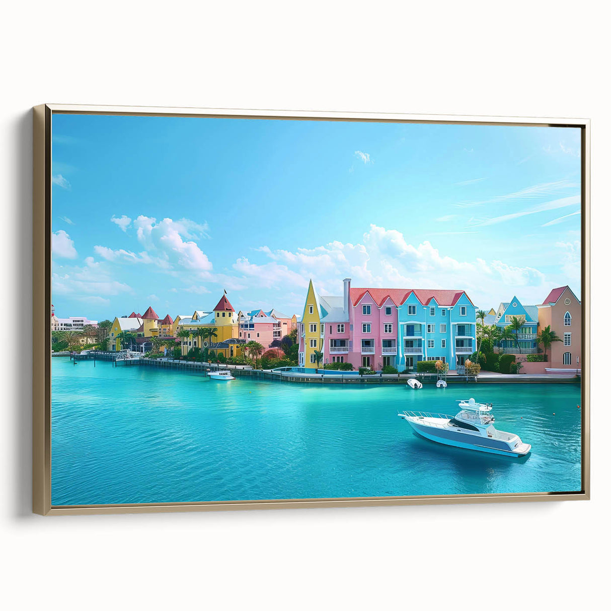 Framed canvas of a serene Caribbean landscape in vintage poster style, with black and gold tones, ideal for bedroom wall art.