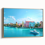 Framed canvas of a serene Caribbean landscape in vintage poster style, with black and gold tones, ideal for bedroom wall art.