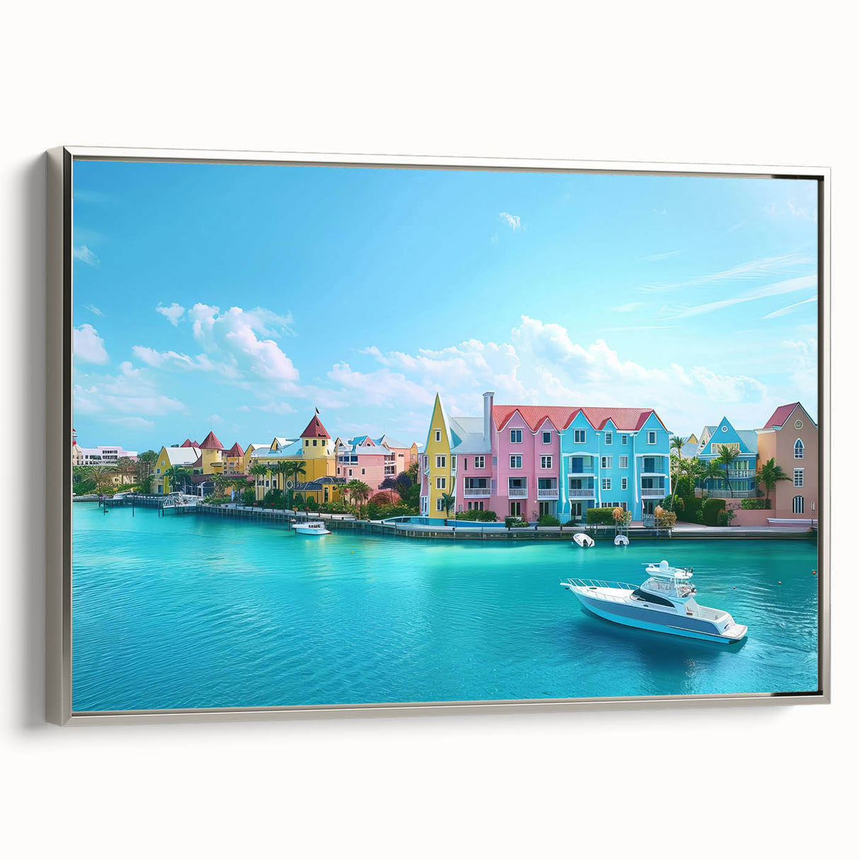 Landscape art painting of the Caribbean Bahamas on a framed canvas, featuring vibrant blue and green tones.