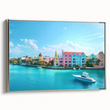 Landscape art painting of the Caribbean Bahamas on a framed canvas, featuring vibrant blue and green tones.