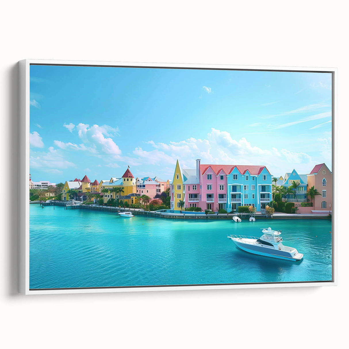 Vintage poster art of a Caribbean Bahamas scenery in vibrant colors on a framed canvas, ideal for living room decor.