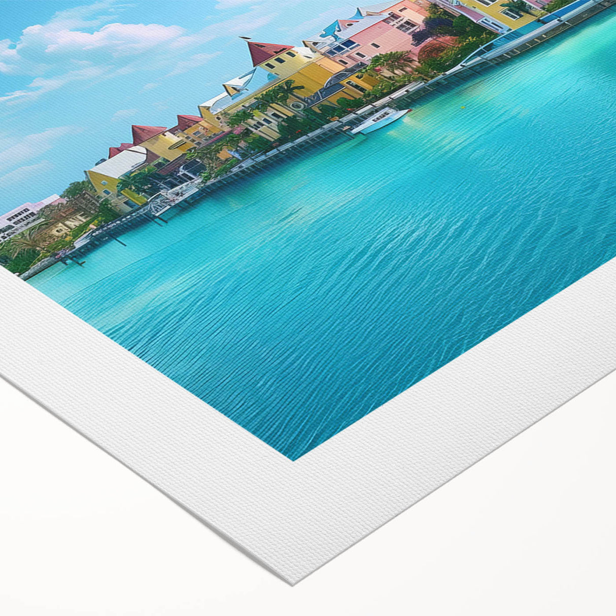 Art deco poster of a serene Caribbean beach scene on rolled canvas, ideal for dining room wall art.