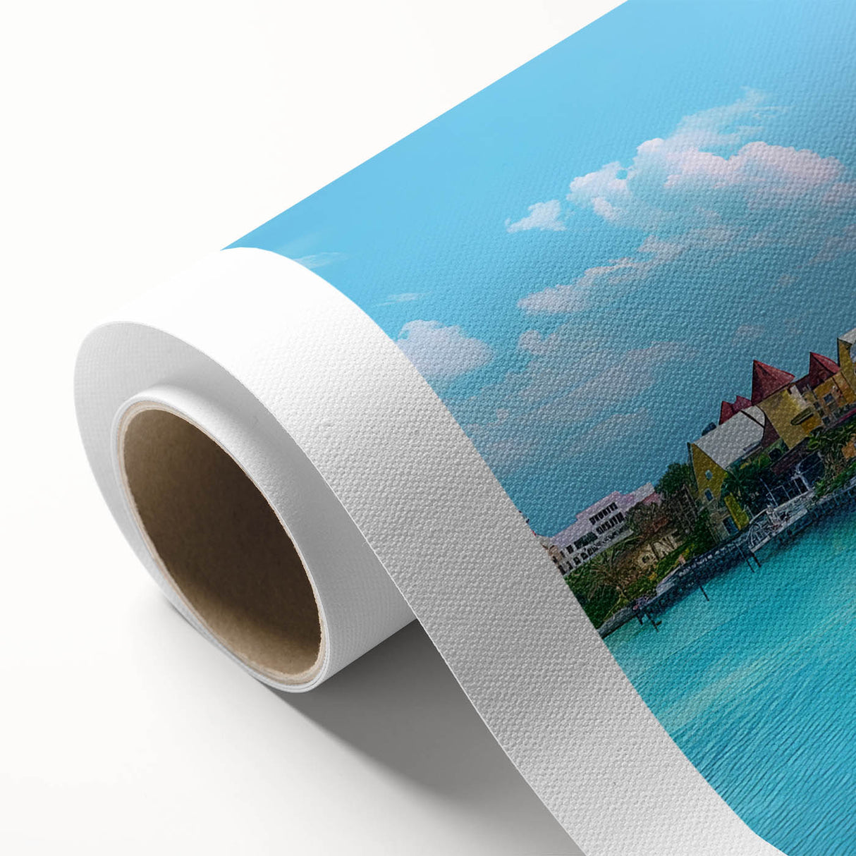 Art deco poster of a serene Caribbean beach scene in soft pastel shades on rolled canvas, ideal for nursery wall art.