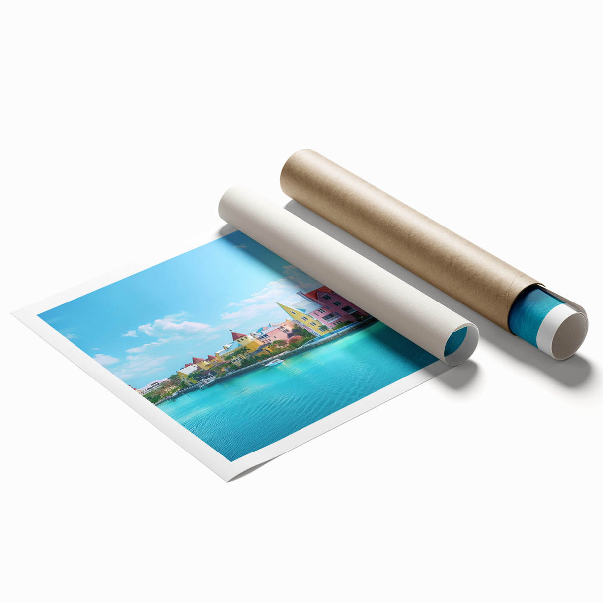 Extra large rolled print of a serene Caribbean scenery with vibrant blue and green tones, ideal for classy bathroom wall art.
