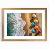 Abstract art print of a Caribbean scene in muted blue and green tones on a framed canvas, suitable for dining room decor.